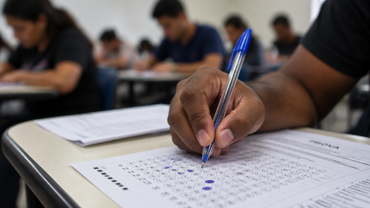 Mão preenchendo gabarito de prova objetiva de concurso público com candidatos realizando avaliação ao fundo.
