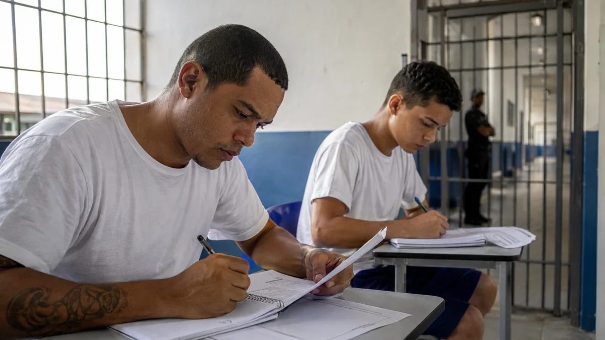 Pessoas privadas de liberdade e jovem em medida socioeducativa realizam atividade em unidade participante do Enem PPL 2026.