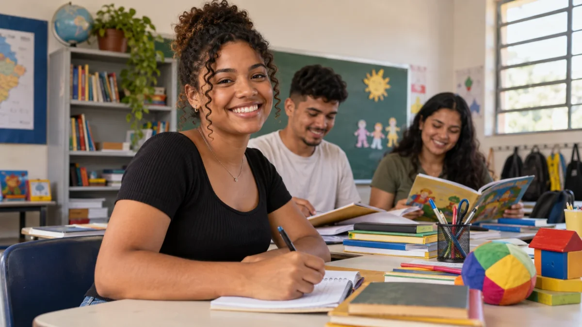 Jovens participando de qualificação profissional, representando as opções oferecidas pelo ProJovem para a preparação em diferentes áreas de atuação.
