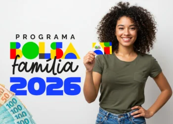 Arte do Programa Bolsa Família 2026 com beneficiária segurando o cartão do programa ao lado de cédulas de real