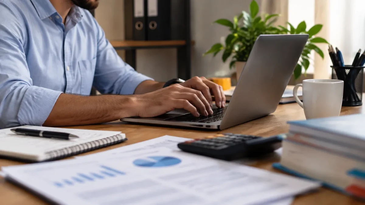 Empresário utilizando computador representa o acesso ao site do Programa da Reforma Tributária do Consumo.