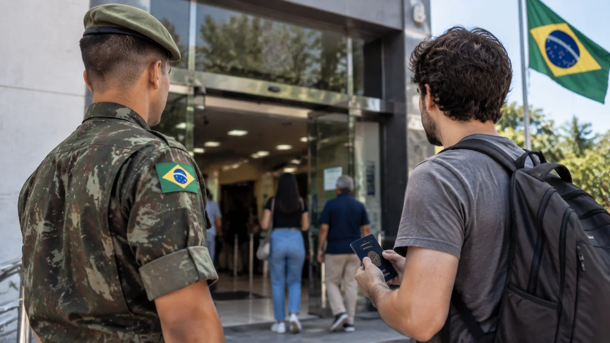 Militar em serviço obrigatório e cidadão estrangeiro diante de prédio público representam as regras eleitorais brasileiras.