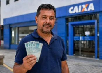 Homem segura cédulas de reais em frente a uma agência da Caixa representando o pagamento do ressarcimento do PIS/Pasep
