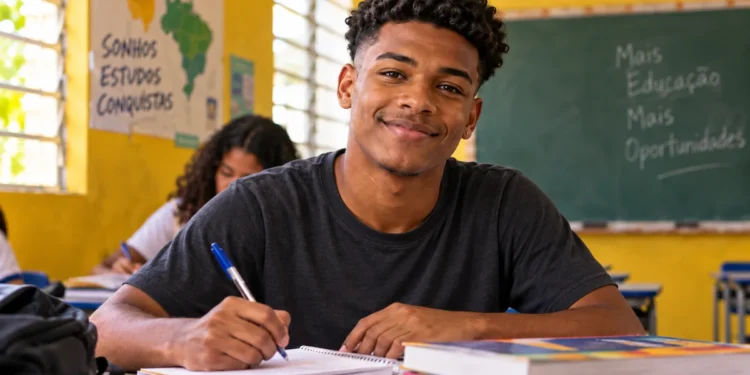 Jovem em sala de aula representa as oportunidades oferecidas pelo ProJovem para retomar os estudos e conquistar qualificação profissional.