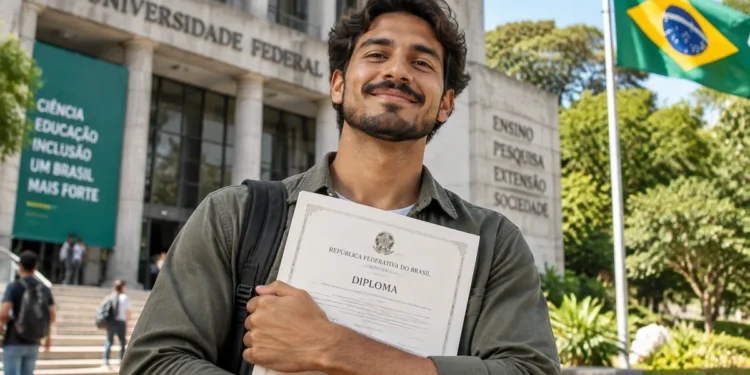 Estudante segura diploma em frente a universidade brasileira, representando o processo de revalidação de diploma estrangeiro.