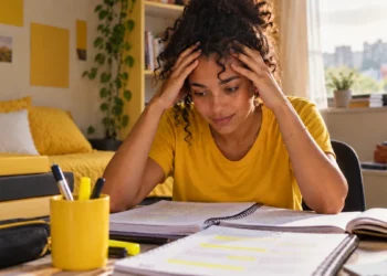 Concurseira estudando em casa, com expressão de preocupação, representando a importância da saúde mental durante a preparação para concursos públicos.