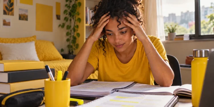 Concurseira estudando em casa, com expressão de preocupação, representando a importância da saúde mental durante a preparação para concursos públicos.