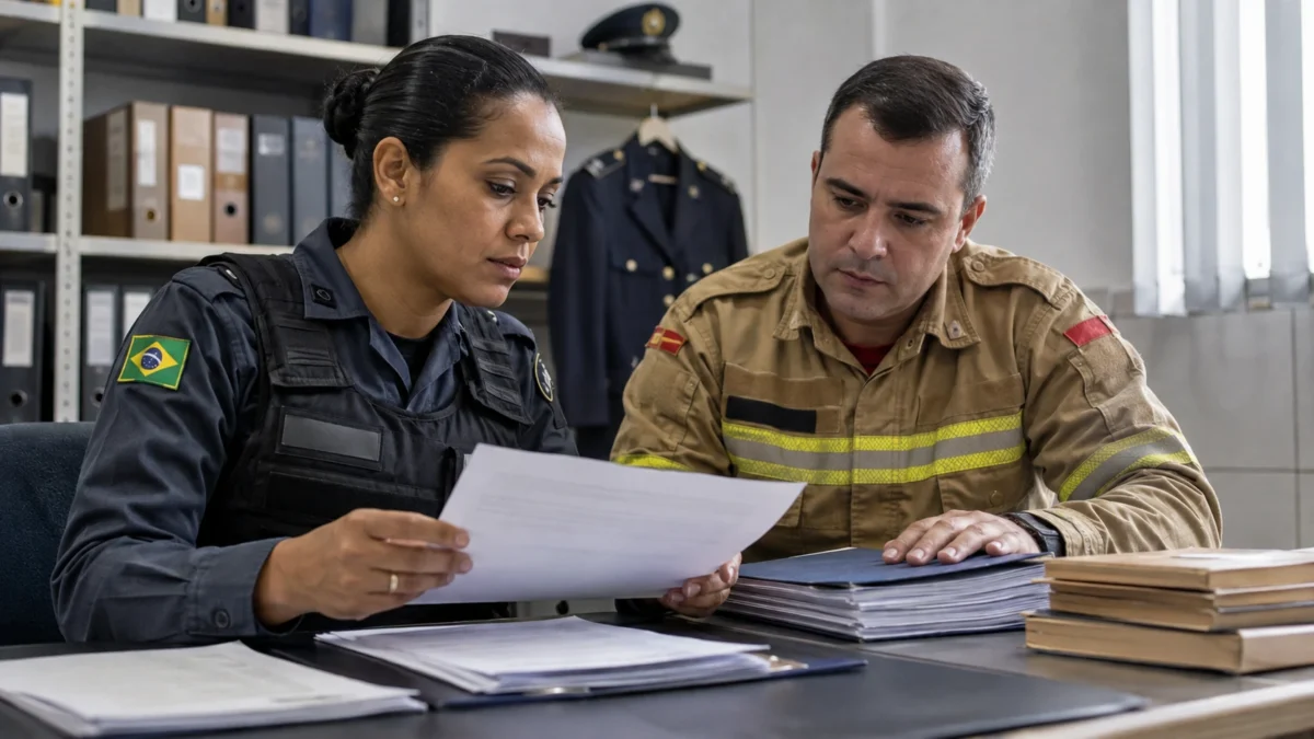 Policial militar e bombeiro analisam documentos relacionados aos serviços que podem ser reconhecidos como tempo de atividade militar para fins de aposentadoria.