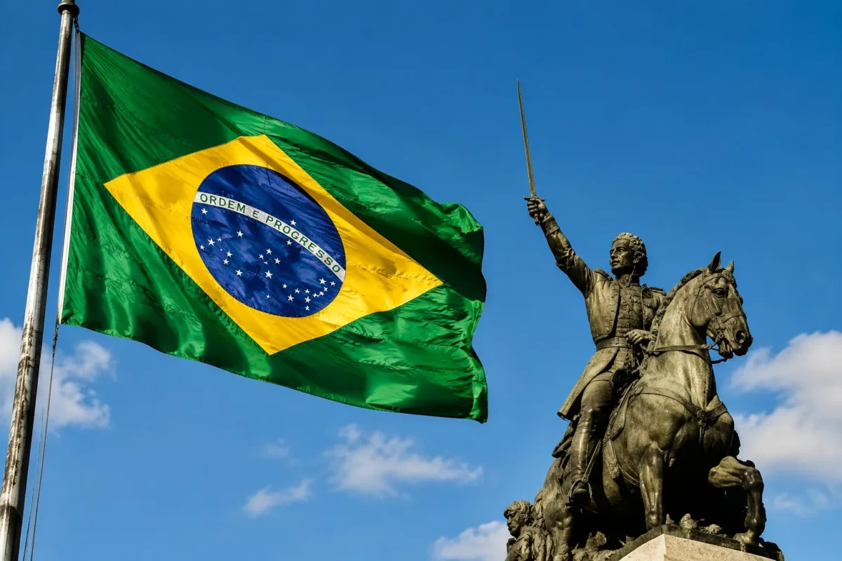 Bandeira do Brasil ao lado de monumento histórico representando o feriado nacional da Independência, celebrado em 7 de setembro.