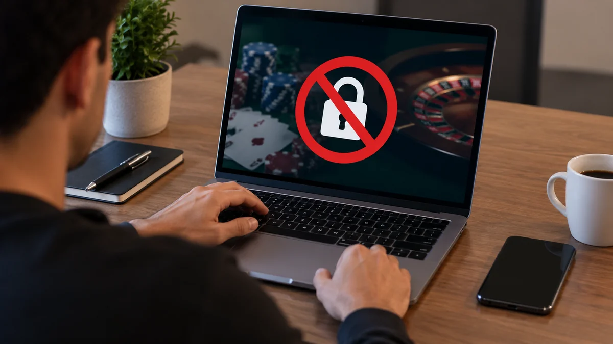 Pessoa utilizando notebook com tela exibindo sinal de bloqueio de acesso a jogos de apostas, representando o processo de autoexclusão em plataformas de apostas.