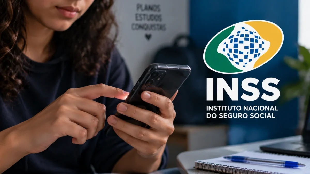 Pessoa utilizando celular para acessar serviços digitais do INSS, representando a solicitação da pensão especial de um salário mínimo destinada aos filhos de mulheres vítimas de feminicídio.