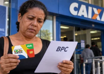 Mulher segura cartão do Bolsa Família e documento sobre solicitação do BPC em frente a uma agência da Caixa