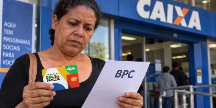 Mulher segura cartão do Bolsa Família e documento sobre solicitação do BPC em frente a uma agência da Caixa
