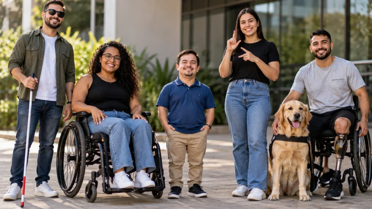 Pessoas com diferentes tipos de deficiência reunidas em espaço acessível