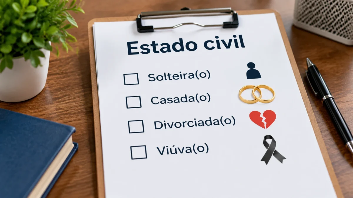 Prancheta com opções de estado civil mostrando solteira, casada, divorciada e viúva para ilustrar o uso da palavra “estado” com inicial minúscula.