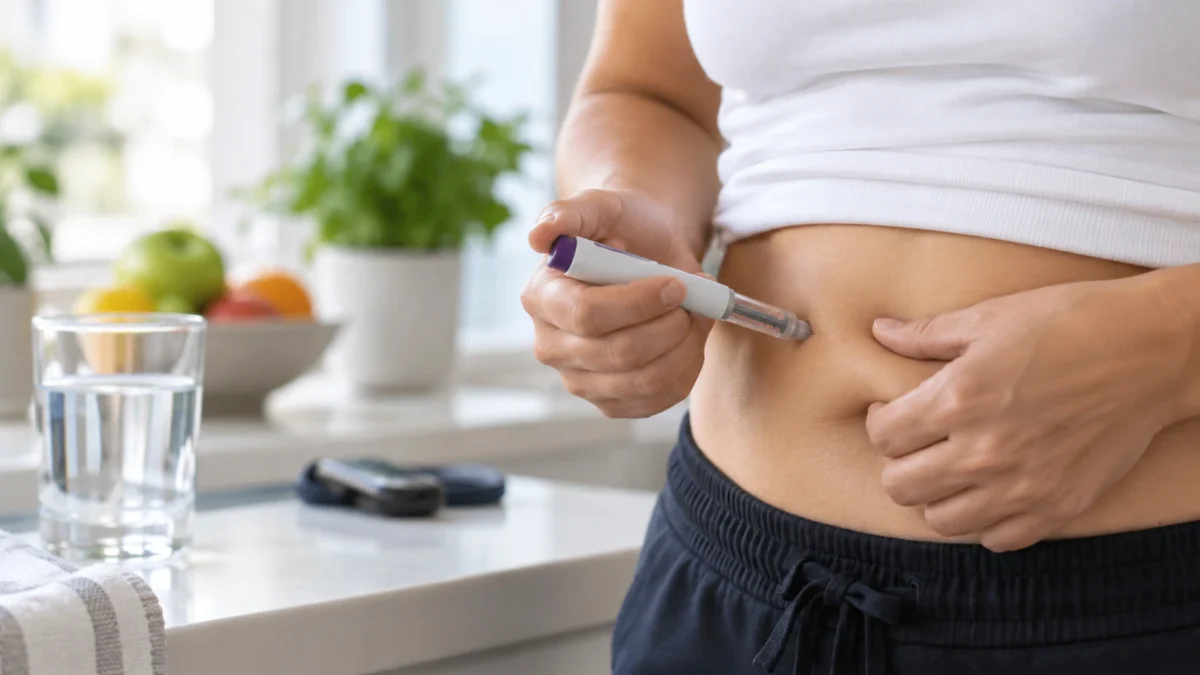 Pessoa aplica medicamento injetável no abdômen, representando o uso do Mounjaro no controle do diabetes tipo 2 e no tratamento da obesidade.