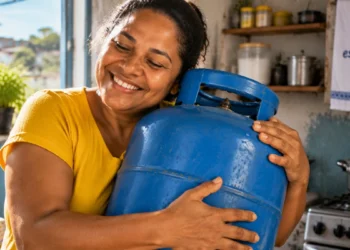 Mulher segura botijão de gás azul em casa, representando o período de uso da recarga gratuita do Vale do Gás do Povo antes do vencimento.
