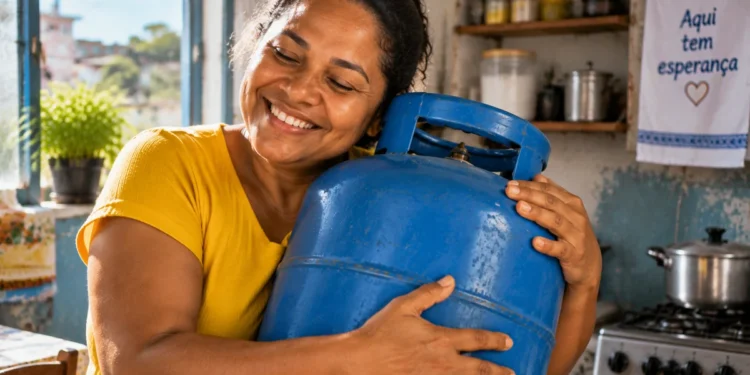 Mulher segura botijão de gás azul em casa, representando o período de uso da recarga gratuita do Vale do Gás do Povo antes do vencimento.