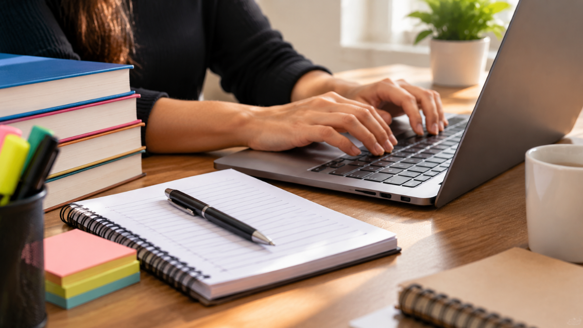 Pessoa estudando para concursos públicos com notebook, livros e anotações em mesa de preparação.