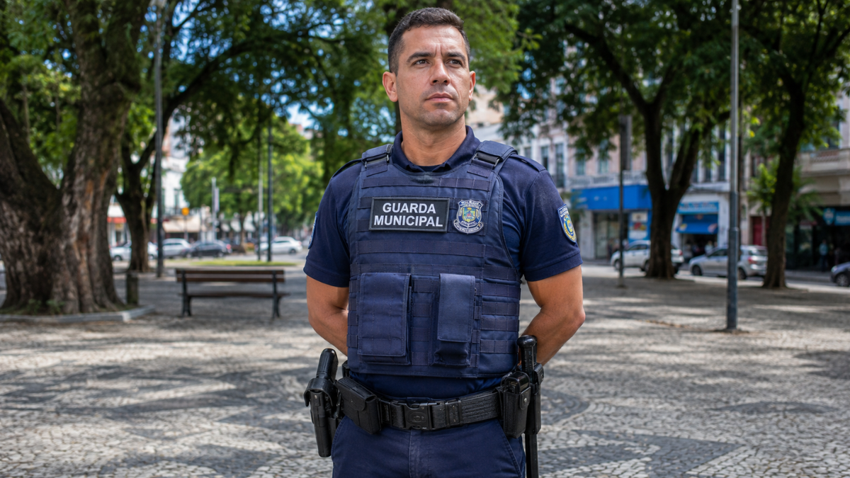 Guarda municipal fardado em praça pública representa vagas abertas em concursos de SP, BA, CE e PE.