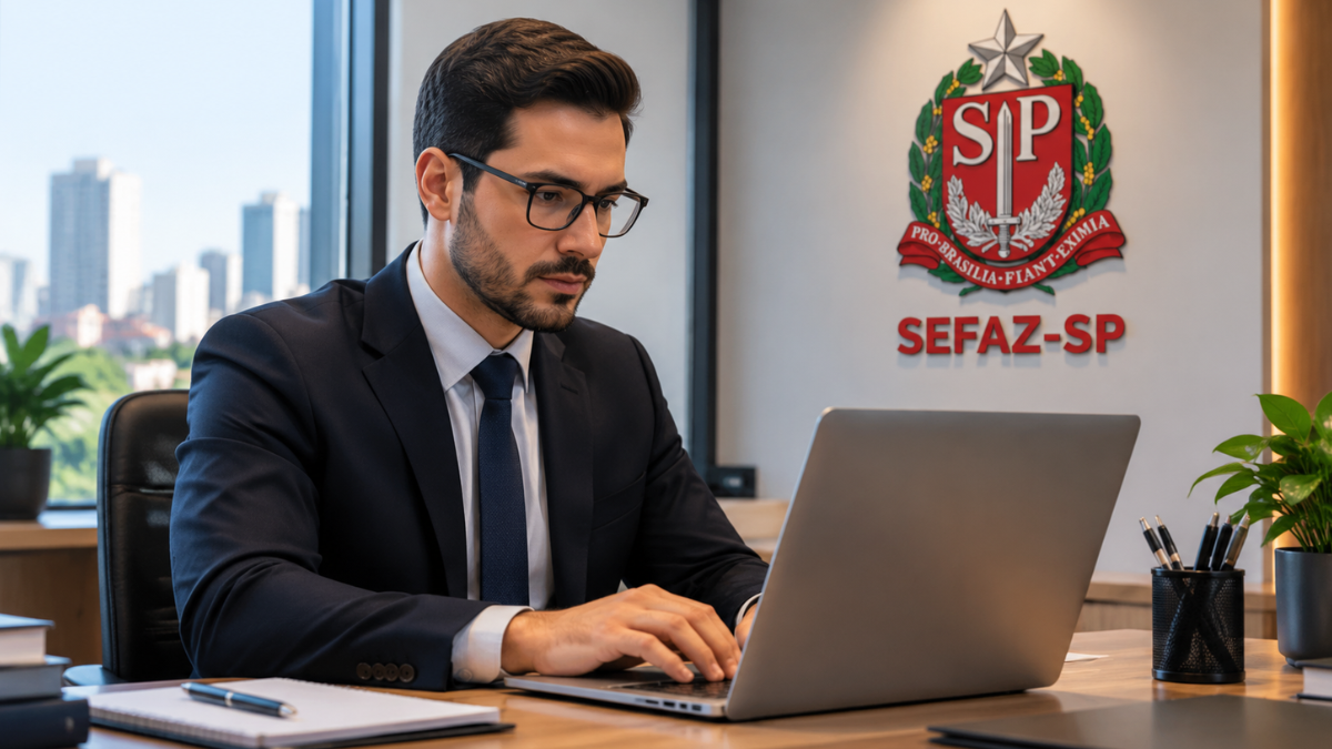Analista trabalha em escritório com símbolo da Sefaz-SP ao fundo.