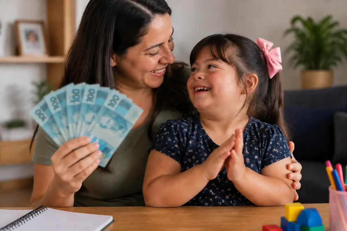 Mãe segurando notas de real ao lado da filha representando o valor do Auxílio Mãe Atípica