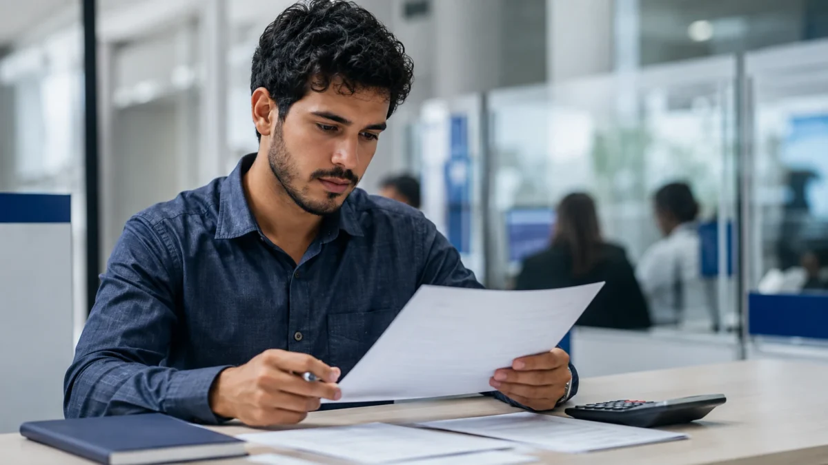 Homem analisa documentos com uma calculadora sobre a mesa para conferir valores, prazos e condições de financiamento do Fies Empreendedor.