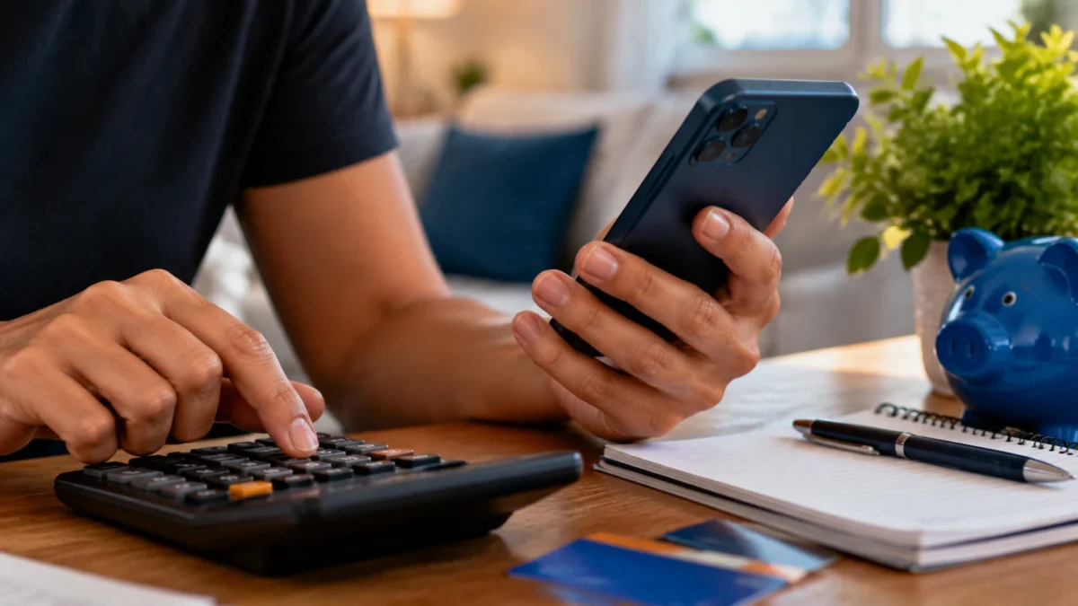 Pessoa usando celular e calculadora em ambiente doméstico, representando os valores, prazos e taxas do Pix parcelado da Caixa.