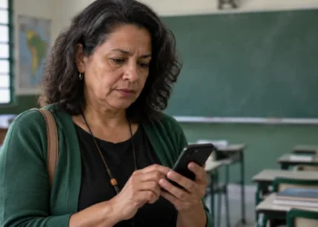 Professora consultando o celular em sala de aula, representando a orientação do MEC para verificar o local de prova com antecedência.