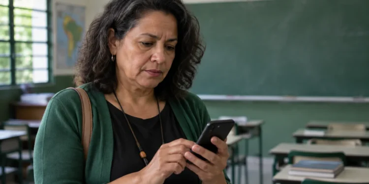 Professora consultando o celular em sala de aula, representando a orientação do MEC para verificar o local de prova com antecedência.