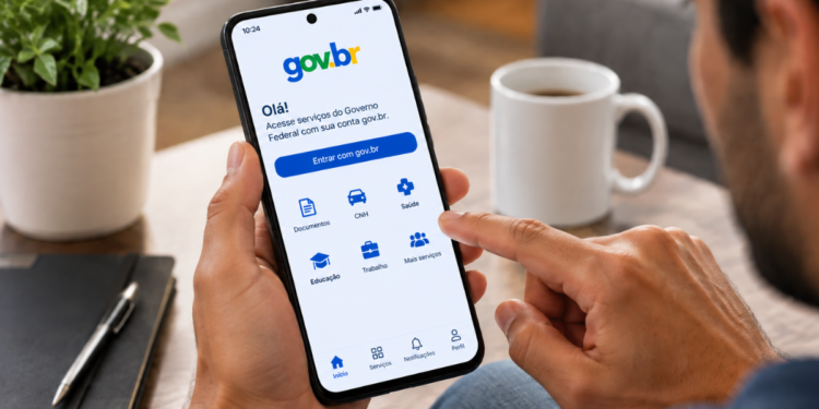 Pessoa acessando o aplicativo GOV.BR pelo celular para ativar a verificação em duas etapas e proteger a conta digital.