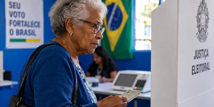 Aposentada com documento em seção eleitoral durante comparecimento às urnas para votação